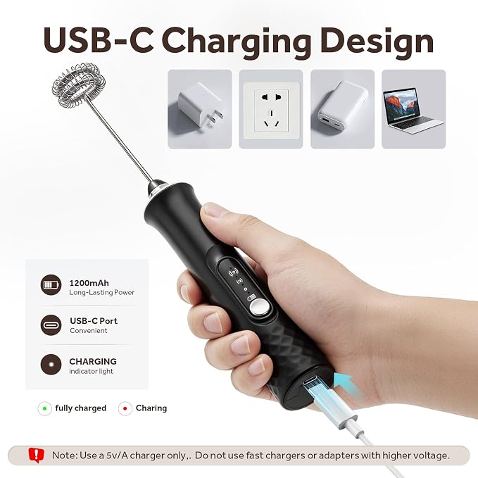 Milk Frother Handheld Rechargeable, Frother Wand Coffee Drink Mixer Electric Whisk 3 Speed Adjustable, Detachable with 3 Stainless Whisks, Hand Mixer for Lattes Cappuccino Hot Chocolate Matcha Egg