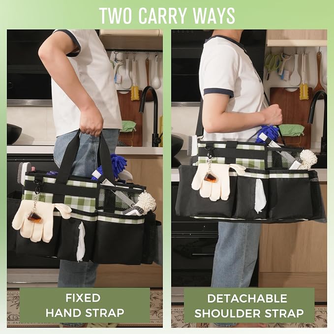 SCAVATA Wearable Cleaning Caddy, Cleaning Caddy Supplies Organizer with Handle & Shoulder Straps for Housekeepers, Under Sink & Car Cleaning Tool Organizers Bag with 4 Foldable Divider (GreenPlaid)