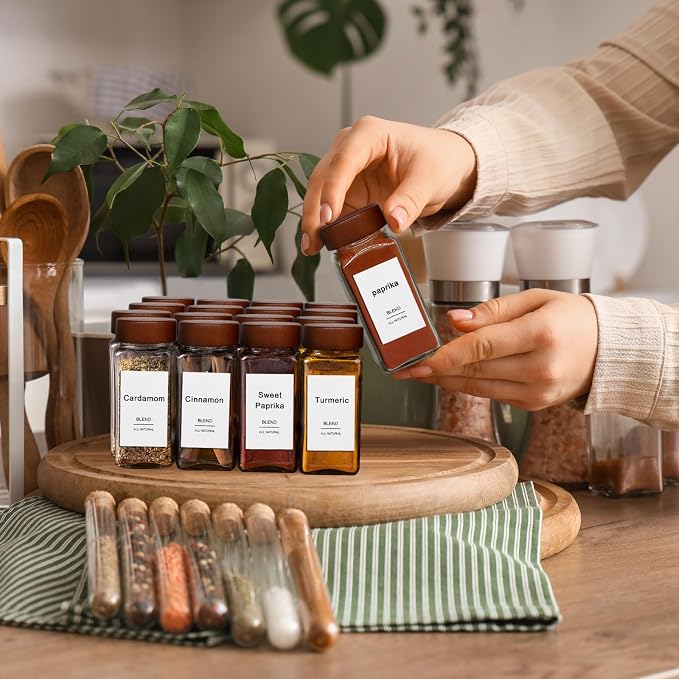 16 Pack 4 oz Glass Spice Jars with Shaker Lids& Labels Glass Bottles | Square Empty Mason Acacia Wood White Labels Kitchen Cabinet Drawer Organizer Seasoning Containers Collapsible Funnel Brush