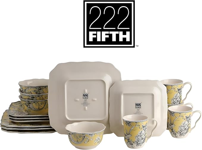 222 Fifth Adelaide Yellow 16-Piece Floral Porcelain Dinnerware Set | Microwave and Dishwasher Safe Dining Set for 4 | Stackable & Chip-Resistant Plates Bowls and Cups | Gift for Housewarming & Wedding