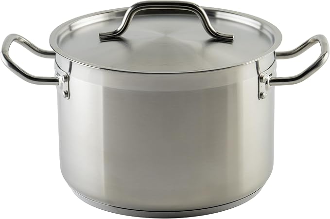 Winco Silver 8 qt Stainless Steel Stock Pot with Cover | Dishwasher safe, Heavy-duty, Tri-ply construction, Riveted handles, Wide base, Great for Stocks, Soups and Batch Cooking