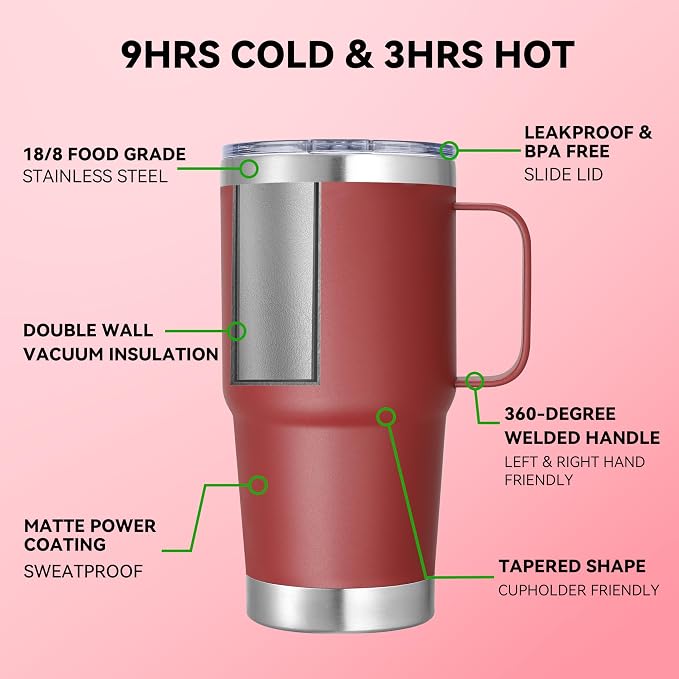 20 oz Stainless Steel Tumbler with Handle Bulk Metal Insulated Tumblers Travel Coffee Mug with Handle Double Wall Tumbler Cup with Lid and Straw, Wine Red 12 Pack
