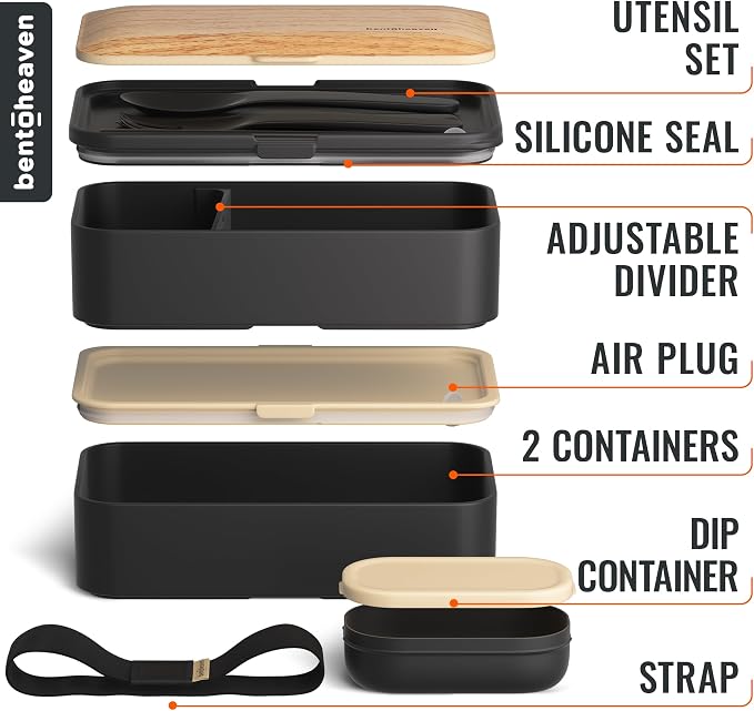 Bentoheaven Bento Box Adult, Stackable Lunch Box, 40 oz, Symph Onyx | BPA-free, leakproof and microwave-safe with 2 compartments, utensils, chopsticks, divider and sauce cup for men and women.