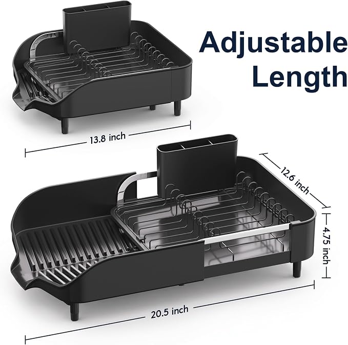 PULIDIKI Dish Drying Rack, Expandable Dish Rack for Kitchen Counter | Stainless Steel Dish Drainer with Utensil Holder, Kitchen Plate Organizer for Cup and Bottle