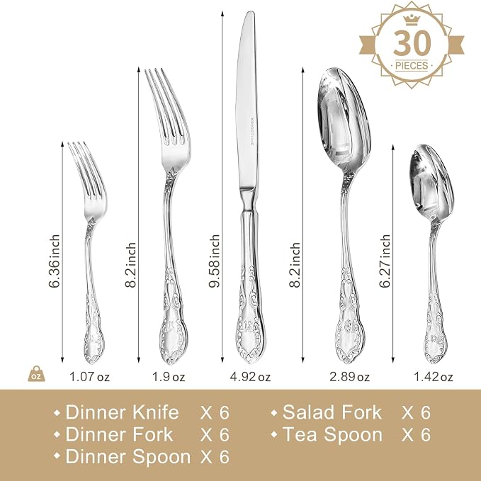 30-Piece Vintage Silverware Set, 18/10 Stainless Steel Flatware | Retro Utensils, Cutlery Set, Mirror Polished Finish, Dishwasher Safe, for Home, Wedding & Housewarming Gift