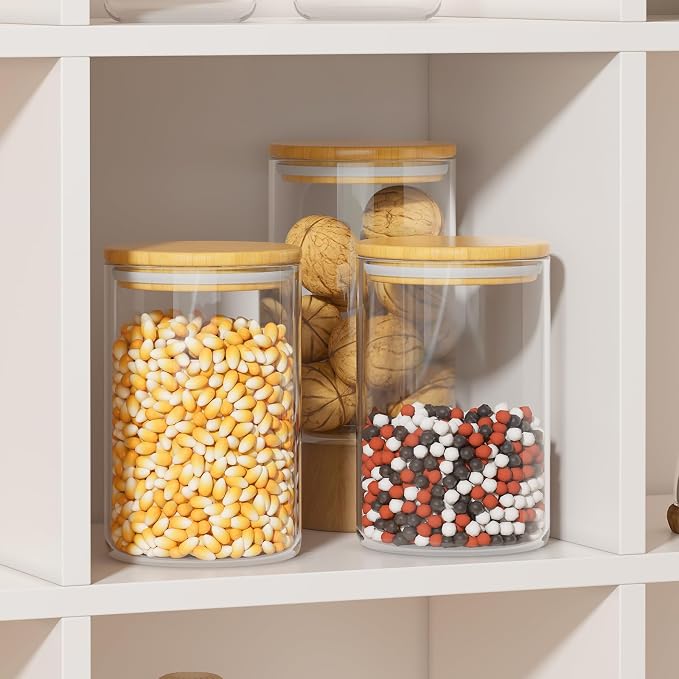 6Pcs 37oz Glass Storage Jars, Airtight Bamboo Lid Containers With Labels | Moisture Barrier Seal, Transparent Visible Tank, Ample Capacity, Cabinet Space Saving, Simple Sort Marking