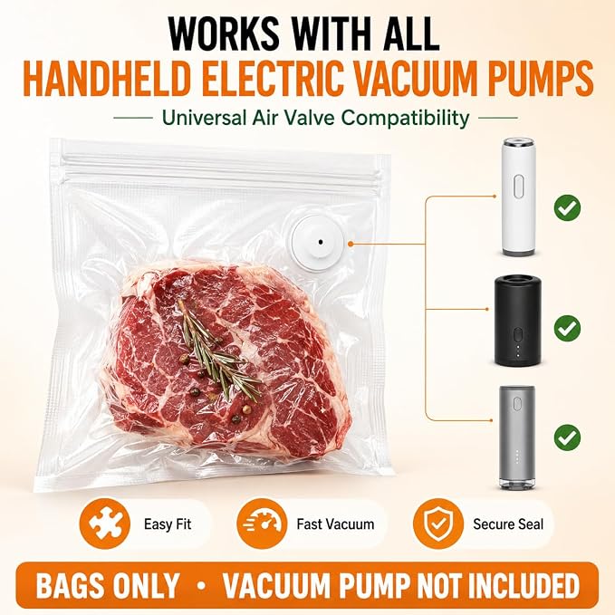 Vacuum Sealer Bags for Food, 60 Pcs Reusable Food Storage Bags, S+M+L Sizes, Air Valve Zipper Bags for Meal Prep, Freezer, Sous Vide & Microwave Storage