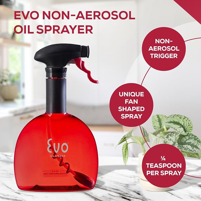 Evo Original Oil Sprayer Bottle | Non-Aerosol for Olive Oil, Cooking Oils, Vinegars | 24-Oz Capacity | Rotatable Nozzle | Gourmet Cooking Tools - Food-Safe Materials | Red