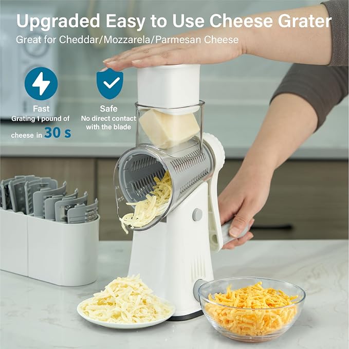 Rotary Cheese Grater Hand Crank, 5 blades Cheese shredder, Stronger Suction, Easy to Clean for Fruit, Vegetables, Nuts, White