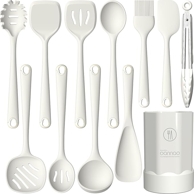 Silicone Kitchen Utensils Set,Utensils Sets for Cooking, Dishwasher Safe | Seamless Spatula Set for Nonstick Cookware, BPA-Free,Heat Resistant up to 600°F, Housewarming Gift, Cream White