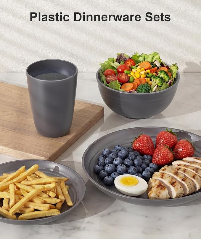 Quatish 24 Piece Plates and Bowls Sets for 6, Unbreakable Dinnerware Sets, Plastic Dish Set for Camping, Dishwasher Microwave Safe, Outdoor Kitchen and Apartment Dorm Dinning RV Essentials, Grey