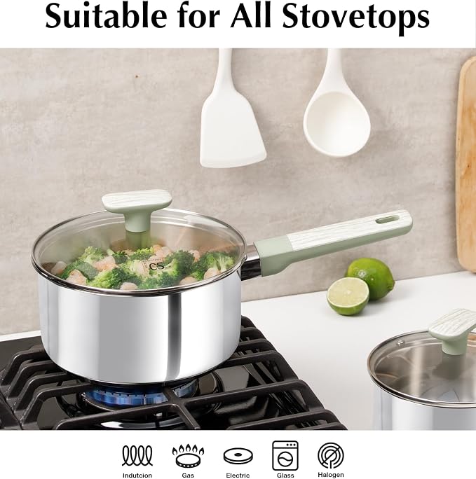 KOCH SYSTEME CS 6 PCS Stainless Steel Sauce Pan Set, 1.5QT & 2QT & 3QT Stainless Steel Pot Set with Lid, Triply Base Sauce Pan Set with Green Bakelite Handle, Induction Compatible Saucepans