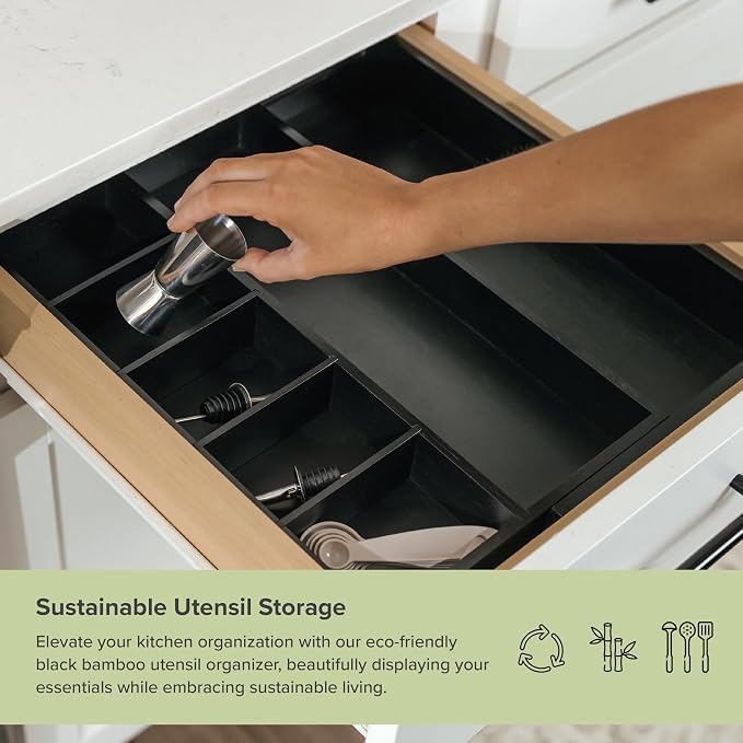 Utensil & Junk Drawer Organizer, 10.5-19 in, Black Bamboo | Food-safe contract grade, 100% sustainable wood, non-slip, adjustable