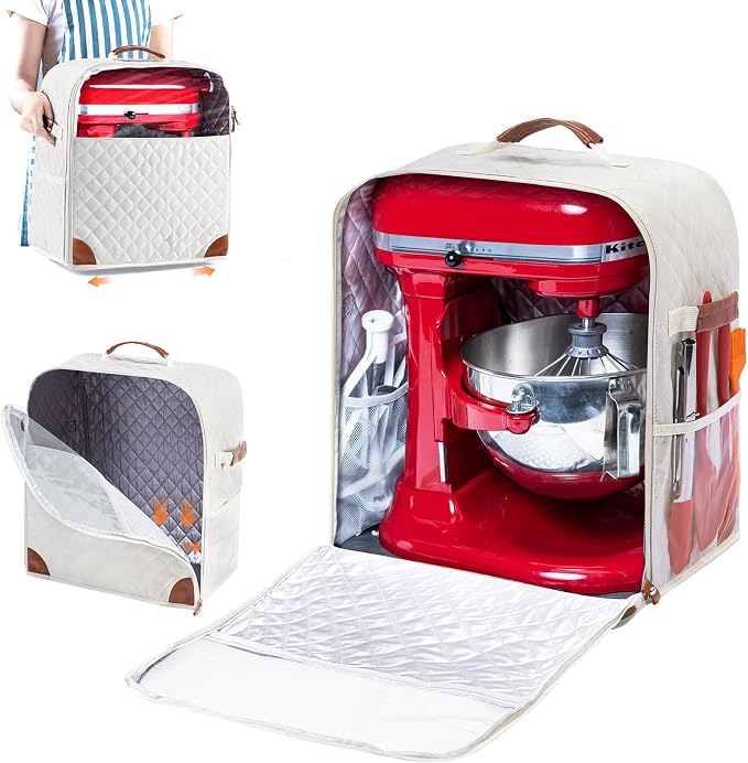 BAGSPRITE Stand Mixer Cover with Appliance Sliders Base Compatible with KitchenAid Mixer-Storage Bag for 4.5/5 Quart with Pockets for Kitchen Aid Accessories and Attachments