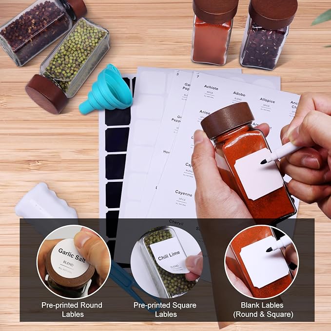 24 Pack 4 oz Glass Spice Jars with Shaker Lids& Labels Glass Bottles | Square Empty Mason Acacia Wood White Labels Kitchen Cabinet Drawer Organizer Seasoning Containers Collapsible Funnel Brush