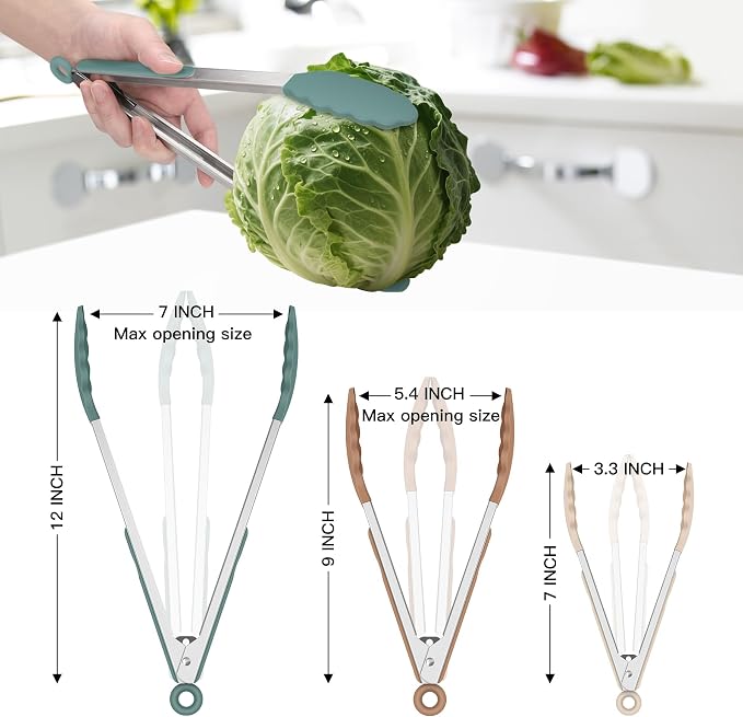 HOTEC Premium Stainless Steel Locking Kitchen Tongs with Silicon Tips, Set of 3-7", 9" and 12" (Neutral Color)