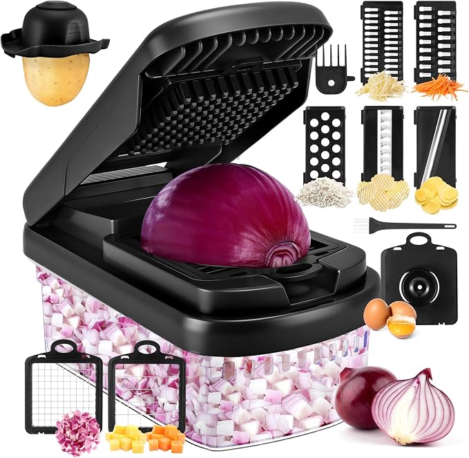 Yusshn Vegetable Chopper, 12-in-1 Food Veggie Chopper Cutter with Container | 7 Sharp Blades Dice, Slice, Shred and Grate for Salads, Onions and Meal Prep, with a Non-Slip Base and Drain Basket