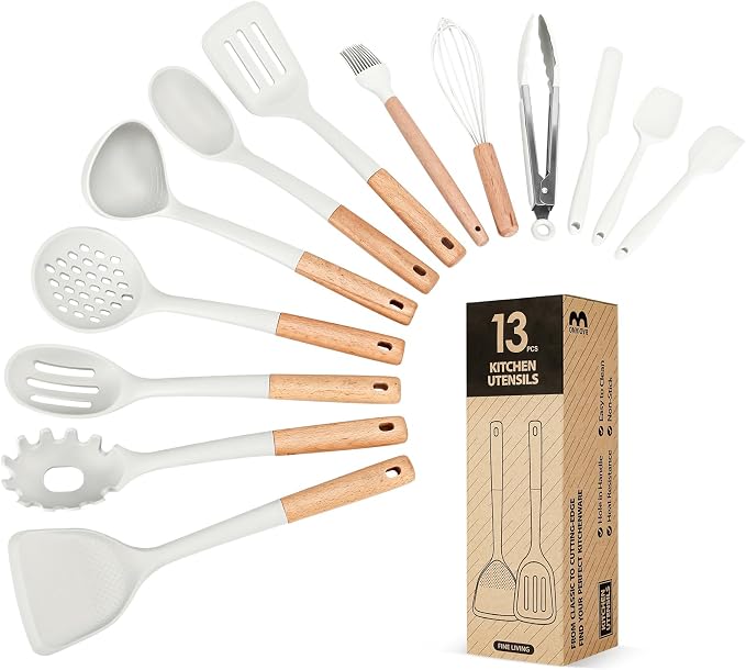 13PCS Silicone Kitchen Utensils Set for Nonstick Cookware, White | Food Grade, Heat Resistant Kitchen Utensil Spatula Set, Wooden Handles Kitchen Gadgets Tools Set