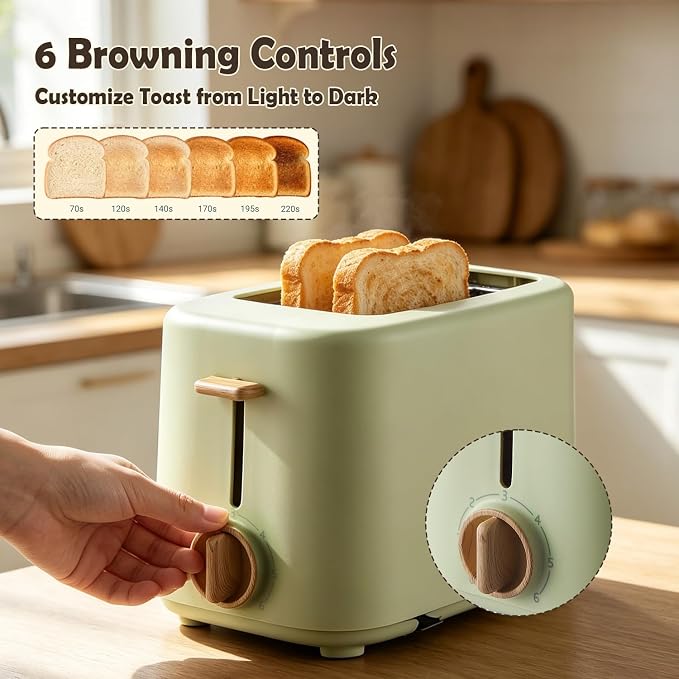 2 Slice Retro Toaster with Anti-dust Cover, 6 Browning Settings, Extra Wide Slots for Bagel & English Muffin, Removable Crumb Tray, Mini Household Bread Toaster