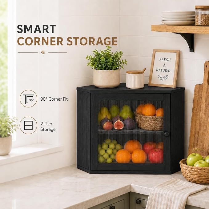 BAMBANG Corner Bread Box for Kitchen Countertop, Large Capacity Bamboo Wood Bread Storage Container, 2 Tier Farmhouse Breadbox with Fluted Acrylic Door for Bread, Homemade Bread and Snacks, Black