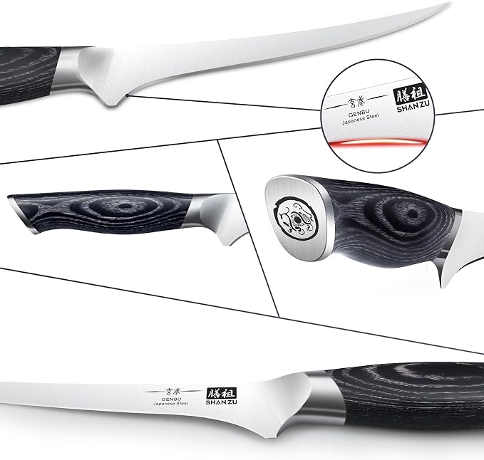 SHAN ZU 7 Inch Fillet Knife, Japanese Super Steel Boning Knife | Professional Ultra Sharp Fish knife with K133 Ergonomic Handle, Black Tortoise Genbu Series