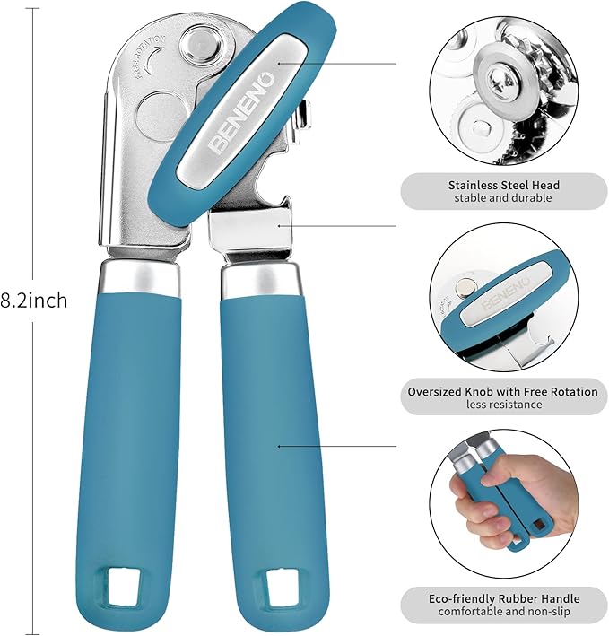 Beneno Heavy Duty Hand Can Opener Manual with Magnet Lid Remover, Aqua | Razor-Sharp Carbon Steel Blade, Precise Smooth Cutting Gear, Big Effort-Saving Knob, Soft Grip Handle, Built-in Bottle Opener