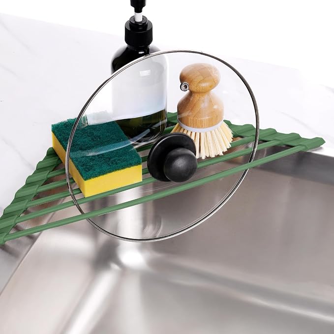 Tomorotec Roll Up Dish Drying Rack with Silicone Coating, Army Green | 304 Stainless Steel with BPA-Free Silicone, Triangle Design Maximizes Sink Corner Space, Fits Compact Kitchens And RVs
