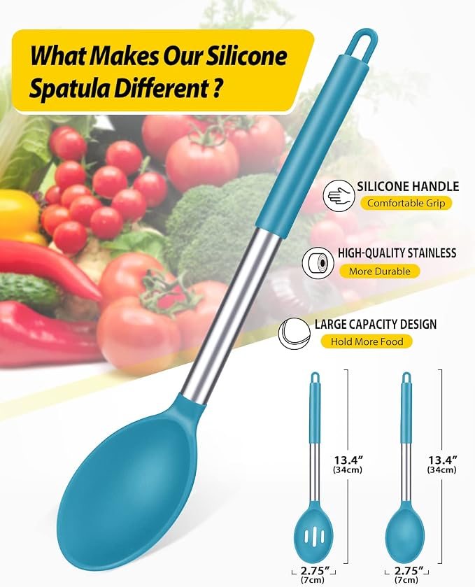 BUNDLEPRO Silicone Cooking Spoons for Non Stick Cookware, 2 Pack, Blue | Heat Resistant, Large Kitchen Spoons for Mixing, Serving, Draining, Stirring