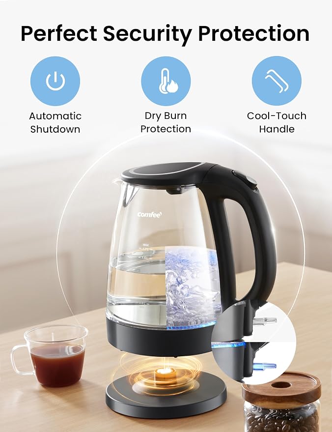 COMFEE' Glass Electric Kettle, 1.7L Fast Boil with LED Indicator
