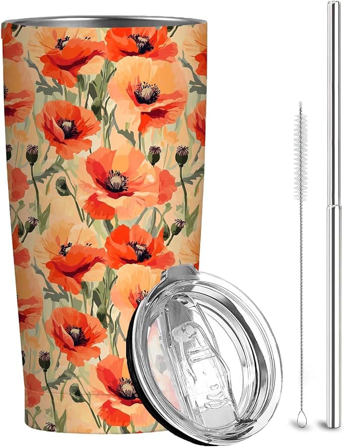 Orange Poppy Floral Tumbler 20 oz Stainless Steel Insulated Travel Mug with Lid and Straw, Flower Coffee Tumbler Cup for Hot Cold Drinks, Botanical Floral Gifts for Women
