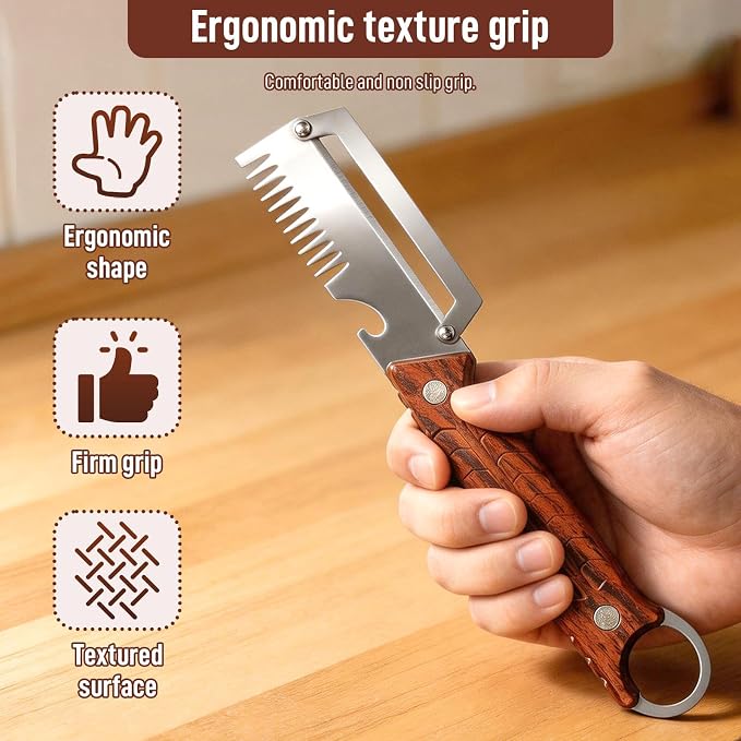 2Pack 3-in-1 Vegetable Peeler with Faux Wood Handle, Stainless Steel Julienne Peeler & Scallion Shredder with Built-In Bottle Opener, Kitchen Peeler for Potato, Carrot, Cucumber, Apple & Fruits