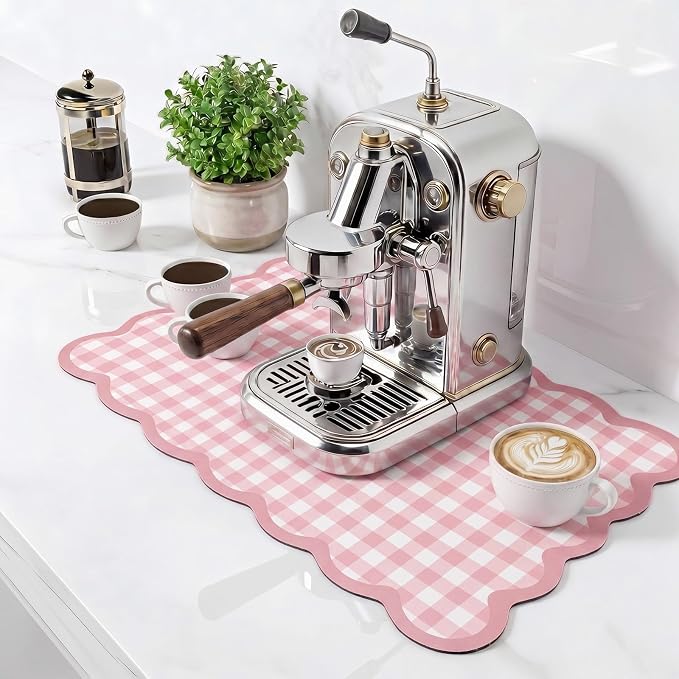 Pink Scalloped Gingham Coffee Mat 12" x 20" Absorbent Bar Mat | Gingham Espresso Matt with Non Slip Rubber Backing for Coffee Countertops