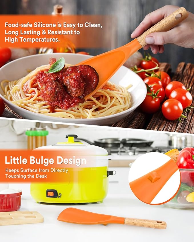 Cooking Spoon and Rice Scooper for Nonstick Cookware,Multi-function | Great for Cooking and Serving, Sturdy BPA-Free Matte Silicone, Wood Handle Spoon for Mixing, Scoop, and Scrape,9.3"+14.3"