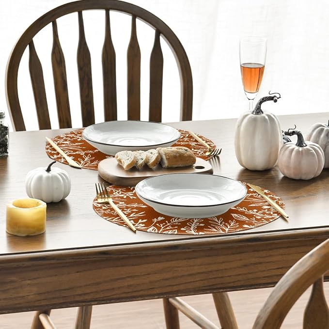 Artoid Mode Rust Eucalyptus Leaves Round Fall Placemats Set of 4-14 Inch | Heat-Resistant, Washable Table Mats, Seasonal Autumn Kitchen Dining Decor