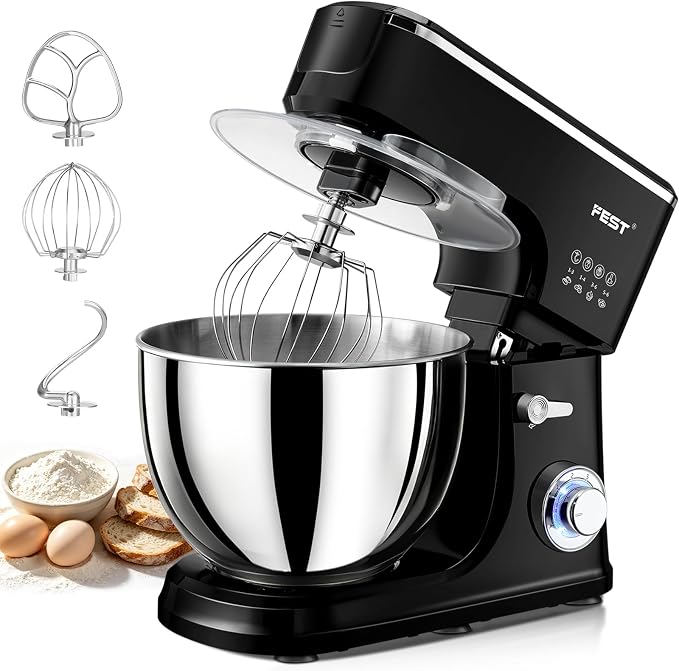FEST 8.45QT Electric Kitchen Stand Mixer with 6 Speeds and 1500W Motor | Large mixing bowl, dough hook, whisk, beater and removable splash shield for bread, cakes, cookies, whipping and home baking