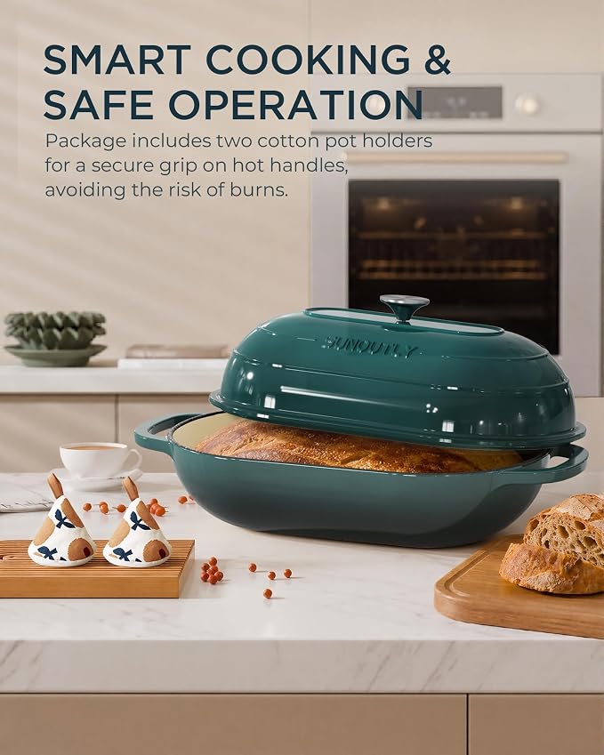 Enameled Cast Iron Bread Oven, 5QT Cast Iron Dutch Oven for Homemade Sourdough Bread Baking, Oval Bread Pot with Dome Lid & Cotton Potholders, Bottle Green