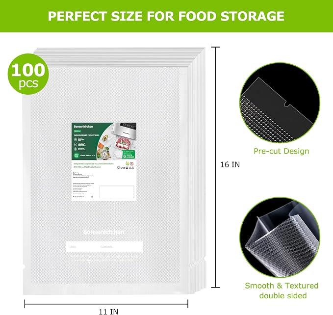 Bonsenkitchen Precut Vacuum Sealer Bags, 100 Gallon 11" x 16" Food Sealer | Food Grade, Heavy Duty, Customized Vacuum Bags for Vac Storage, Meal Prep or Sous Vide Cooking, VB3214, BPA Free