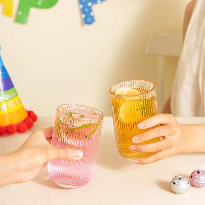Ribbed Drinking Glasses 4pcs, Rocks Drinking Glasses 12oz and 10oz, Tumbler Glasses Cup Set for Wedding, Party, Christmas Gift, Clear