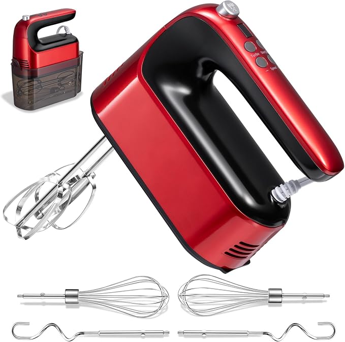 CBQ Hand Mixer Electric, 9 Speed 400W Handheld Mixer with Digital, Touch Button, Turbo, Snop-On Storage Case, 5 Stainless Steel Accessories, Hand Mixer Electric Handheld for Cake, Cookie, Egg (Red)