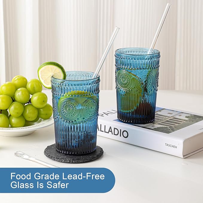 ZMOWIPDL Drinking Glasses Set of 6,13oz Flower Design Blue Glass Cups | Vintage Glassware,Textured Tumblers,Embossed Striped Drinkware for Water,Cocktails,Juice,Iced Coffee