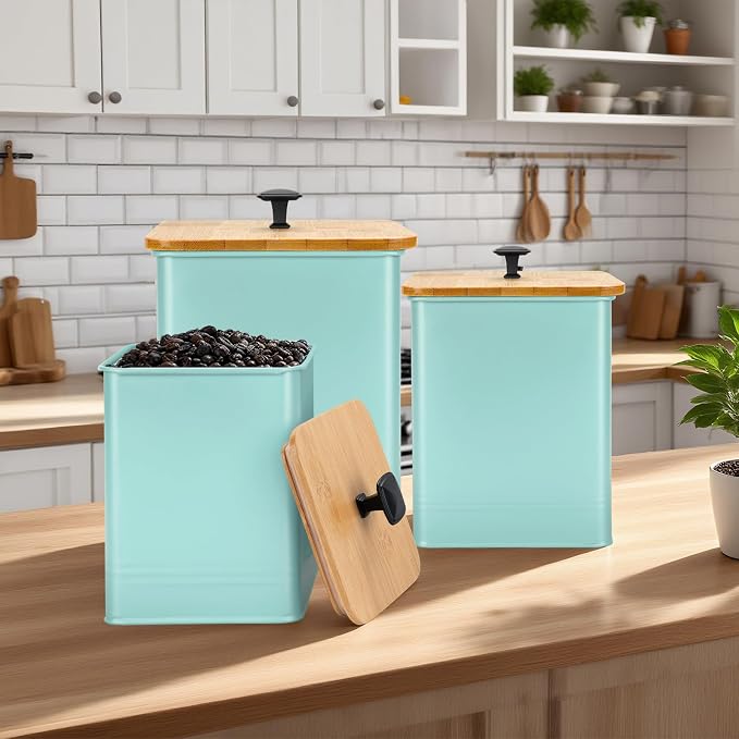 Kitchen Canisters Set of 3, Metal Flour Sugar Storage Containers with Airtight Lids-Canisters Sets for Kitchen with Customizable Chalkboard Labels & Marker Pen-Spice, Coffee Storage Jars(Blue)