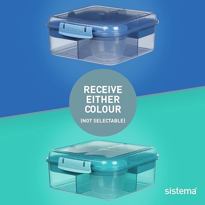 Sistema Ocean-Bound Plastic 1.25L Bento Box, Airtight & Stackable, School Lunch Box with 150mL Snack Pot, Freezer, Microwave, & Dishwasher-Safe, BPA-Free, Made with Recycled Plastic, Assorted Colors