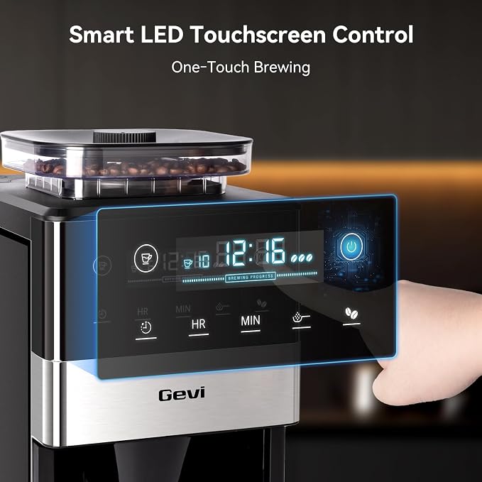 Gevi 10-Cup Grind & Brew Coffee Maker, Touch Screen, Programmable Brew | All-In-One 10-Cup Coffee Maker With Built-In Grinder & Glass Carafe, 90-Min Warm Plate, Reusable Filter, 1.5L Tank