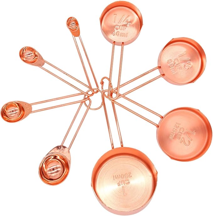 Copper Stainless Steel Measuring Cups and Spoons Set of 8 Engraved Measurements, Pouring Spouts & Mirror Polished for Baking and Cooking Include Magnetic Measurement Conversion Chart by KAISHANE | Engraved measurements, dual pour spouts and magnetic co...