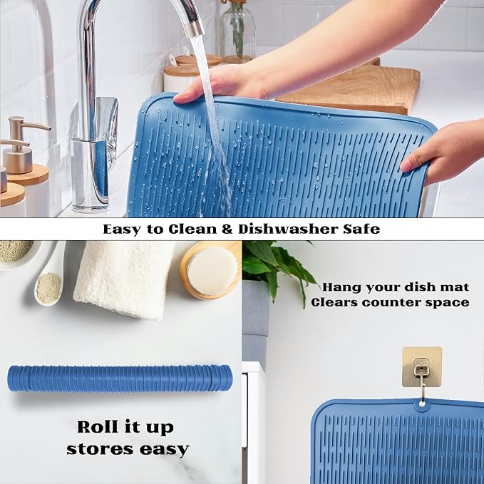 ZLR Oversized Silicone Dish Drying Mat for Kitchen, 16"x18", Lichen Blue | Family-Size Drainboard for Pots & Pans, Thick 4mm No-Curl, Heat-Resistant Trivet to 450°F, Non-Slip, Rolls to Store