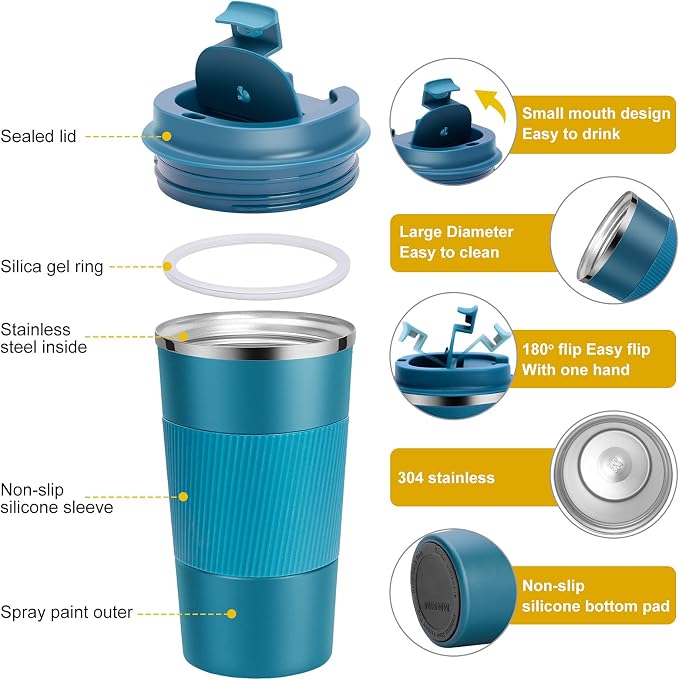 YINJAM Travel Mug Reusable Insulated Coffee Cups Vacuum Insulation Stainless Steel Thermal Tumbler for Hot Cold Drinks (Blue, 380ml)
