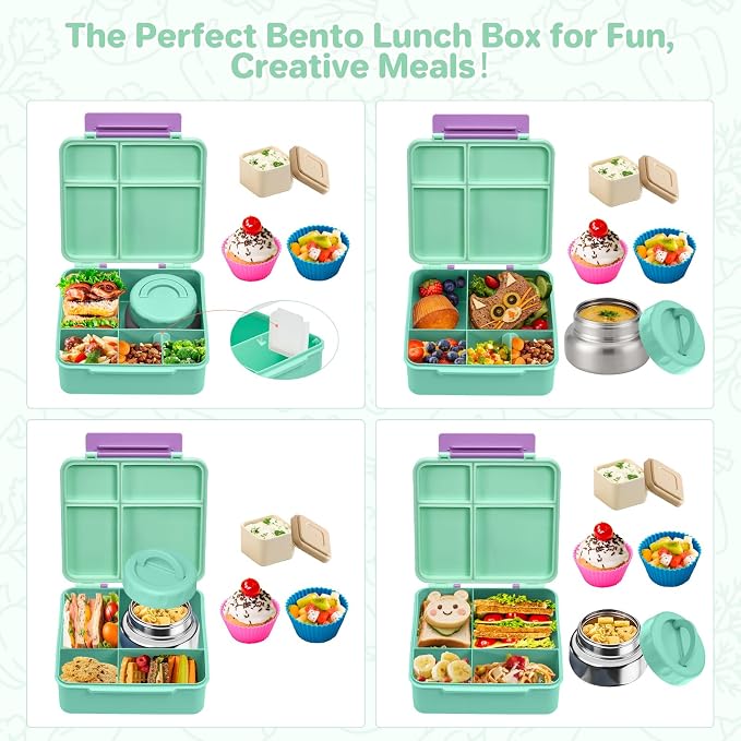 JSLOVE Bento Lunch Box with Leak Proof Thermos Food Jar for Kids, Food Lunch Containers for Girls with 4 Compartments, BPA-Free with Utensils, Food Picks, Sauce Jar & Silicone Lunch Box Dividers
