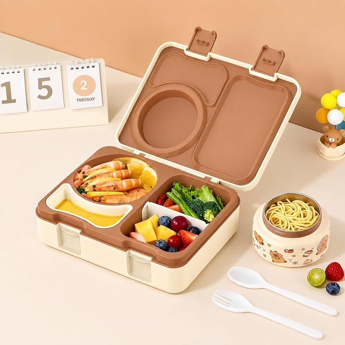 Kids Insulated Lunch Box with 8OZ Thermo Food Jar | Leakproof Bento Box with Ice Pack Sauce Cup Utensils Removable Tray & Dividers for School Daycare Travel, Capybaras