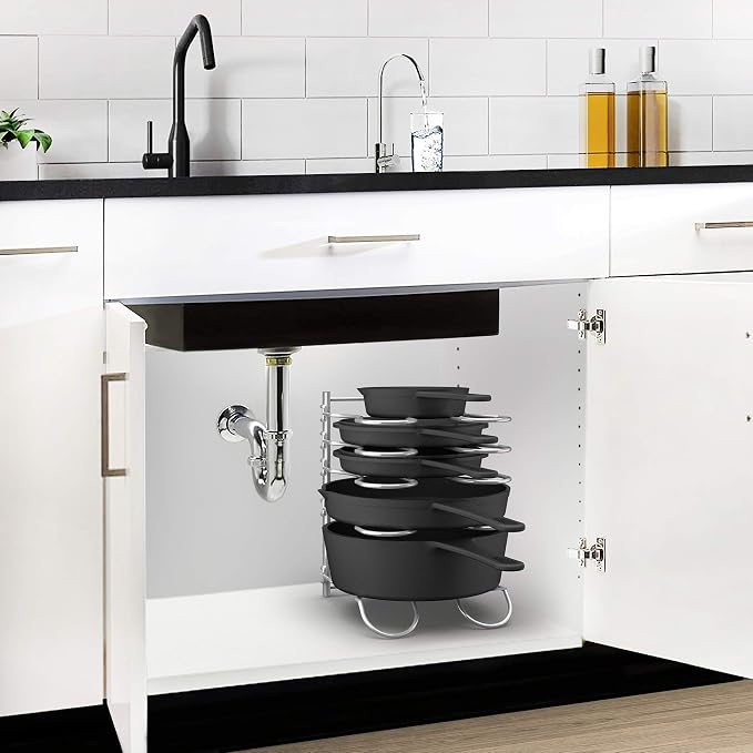 Heavy Duty Pan Rack, Pot Lid Rack, Kitchen Cabinet Pantry Cookware Organizer Rack Holder with 5 Adjustable Dividers, Chrome (Pack of 2)