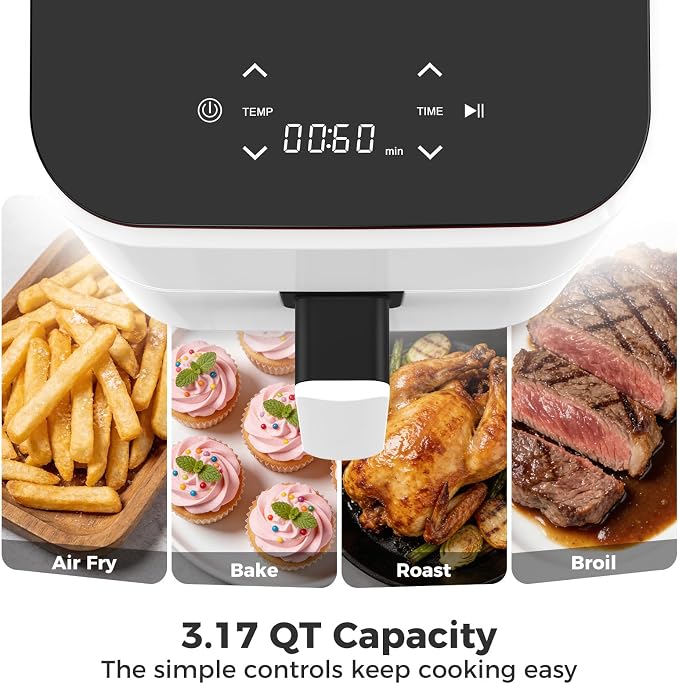 DUMOS 3 Qt Air Fryer, Compact Digital Airfryer with Auto Shut-Off, Fast Cooking for Quick Easy Meals, Space Saving Mini Air Fryer for Small Kitchens, Apartments & Singles